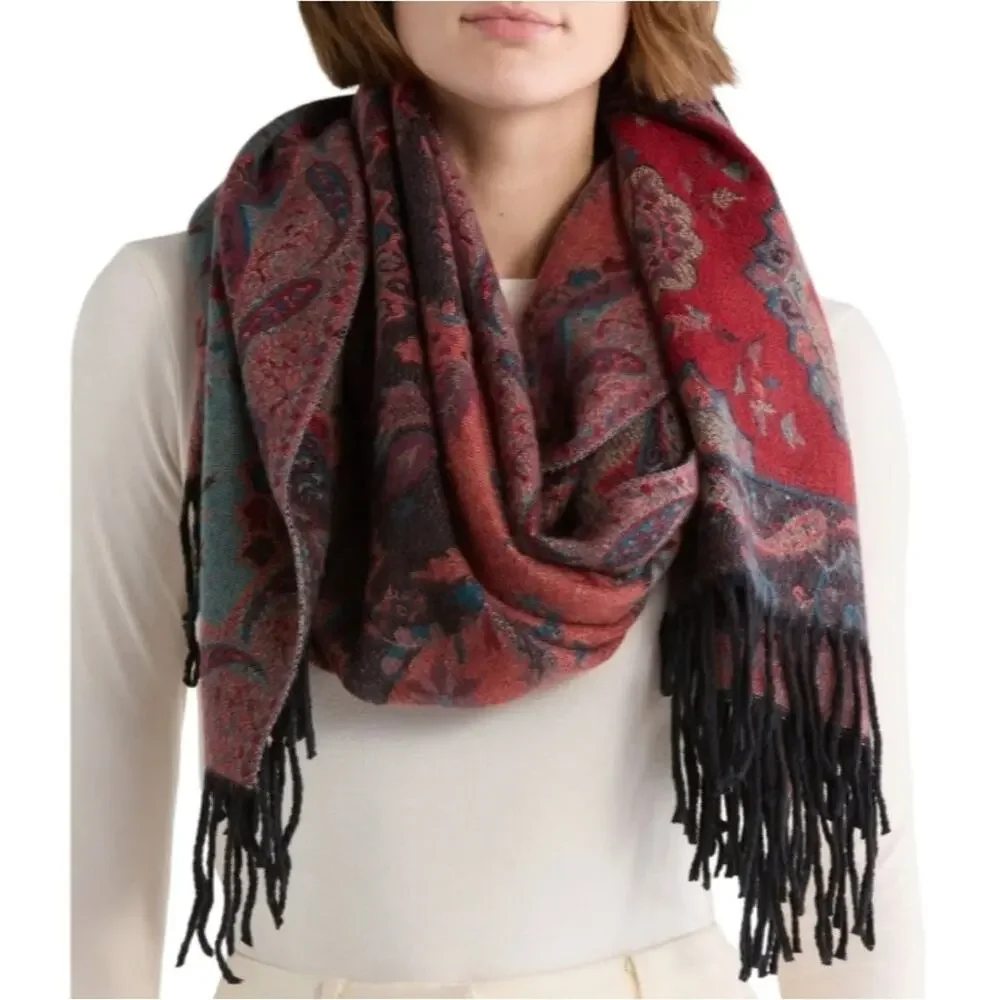 Adrienne Vittadini Paisley Floral Print Scarf Wrap Shawl Black Red Blue Fringe